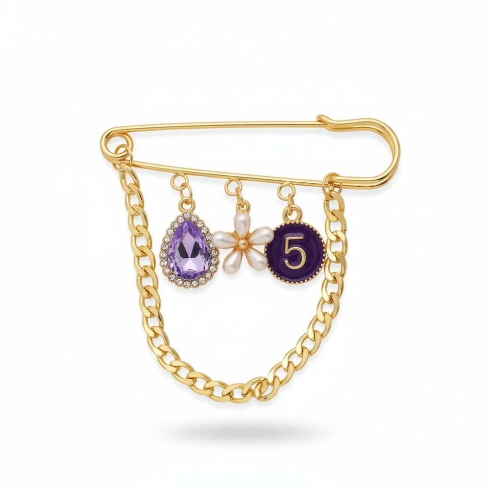 Gold Safety Pin‎ Charm Brooch with Purple Gem & Flower